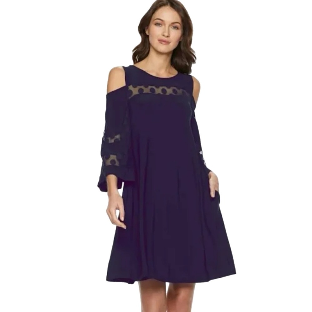 Nina Leonard • Cold-Shoulder Lace Trapeze Dress • Navy • Large